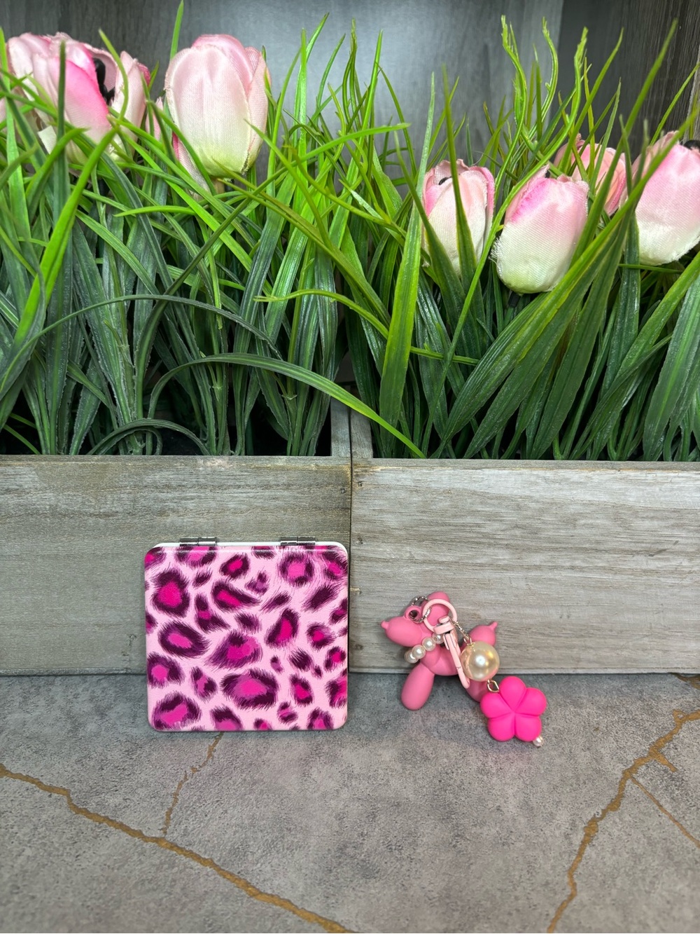 Pink Leopard Print Compact Mirror with Pink dog bag Charm key chain